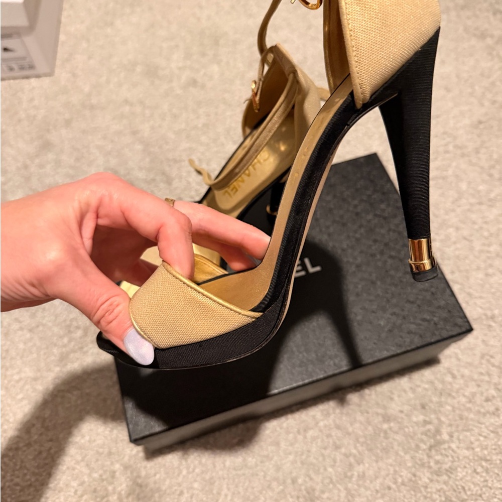 Chanel Gold and Black Ankle-Strap  Heel Sandals - Picture 3 of 5